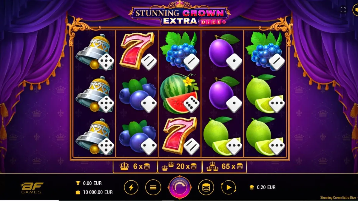Interface do slot Stunning Crown Extra Dice com símbolos de coroas e dados brilhantes
