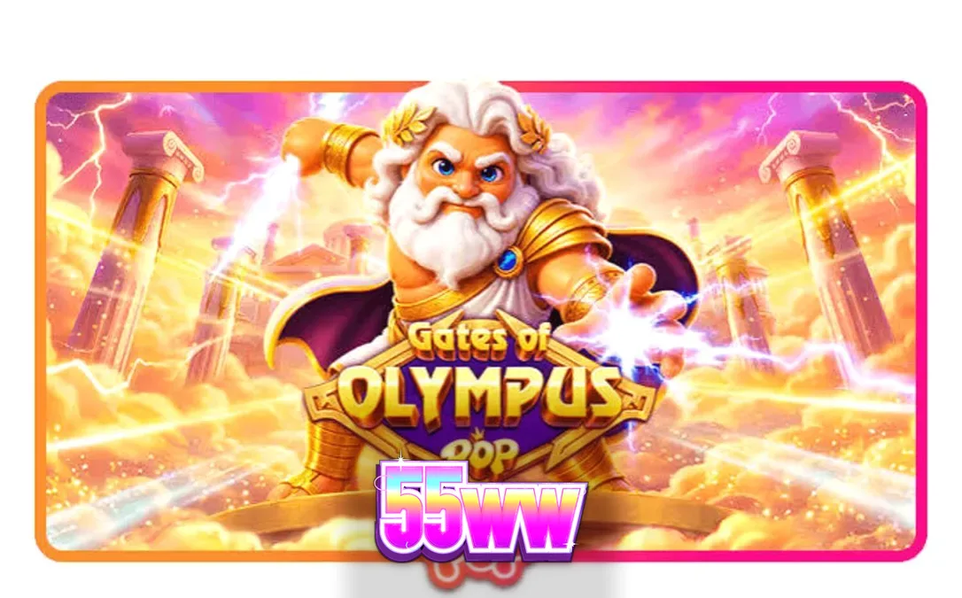Visual vibrante do slot Gates of Olympus POP com Zeus e símbolos dourados